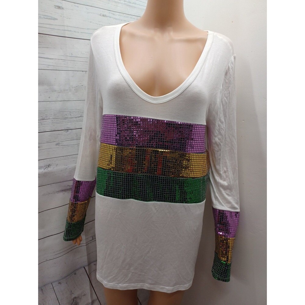NWT BiBi Boutique Brand Sequin Top Gray Back and Long Sleeves Size M